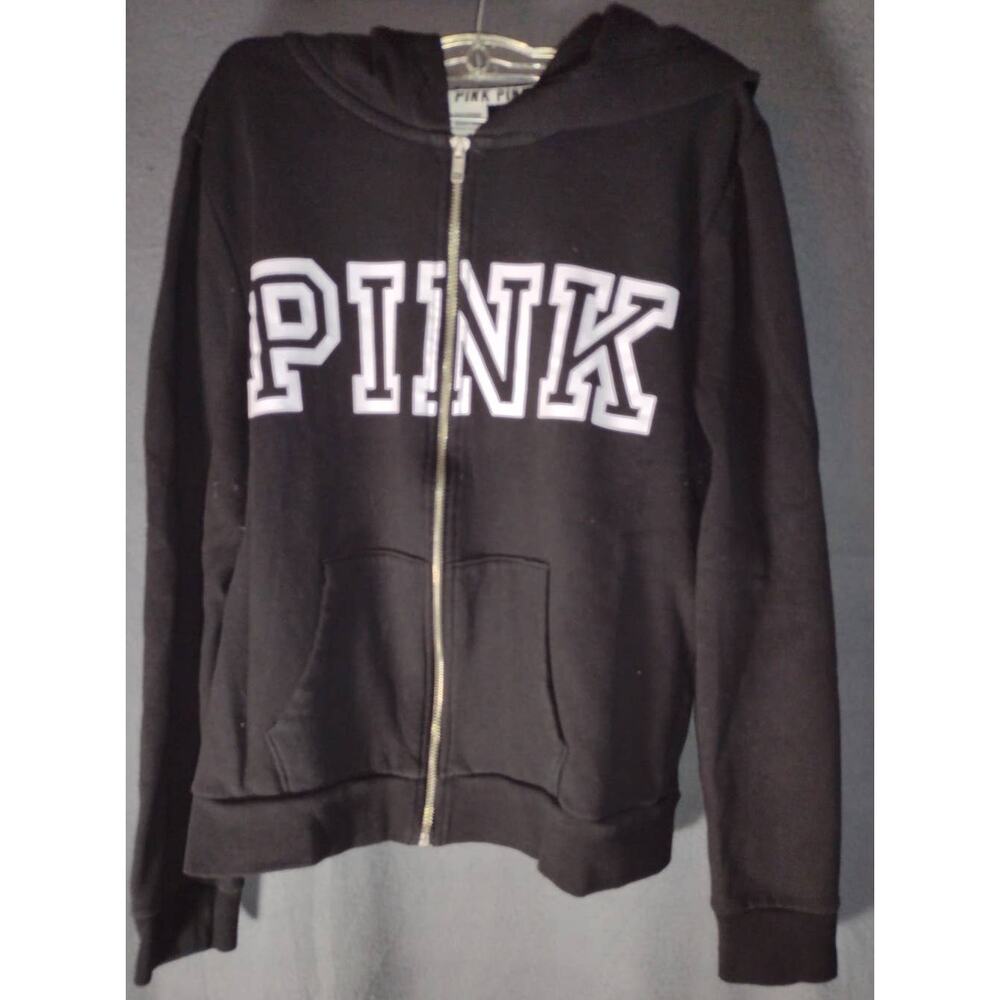 PINK VICTORIA'S SECRET BLACK AND WHITE FULL ZIP HOODIE LARGE